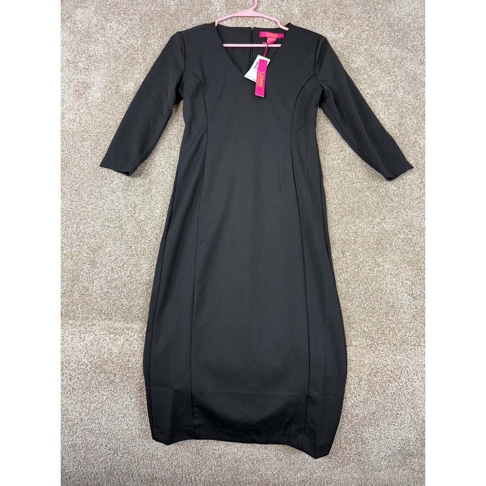 NEW Catherine Malandrino Womens Black V-Neck 3/4 Sleeve Midi Dress XS LBD Office